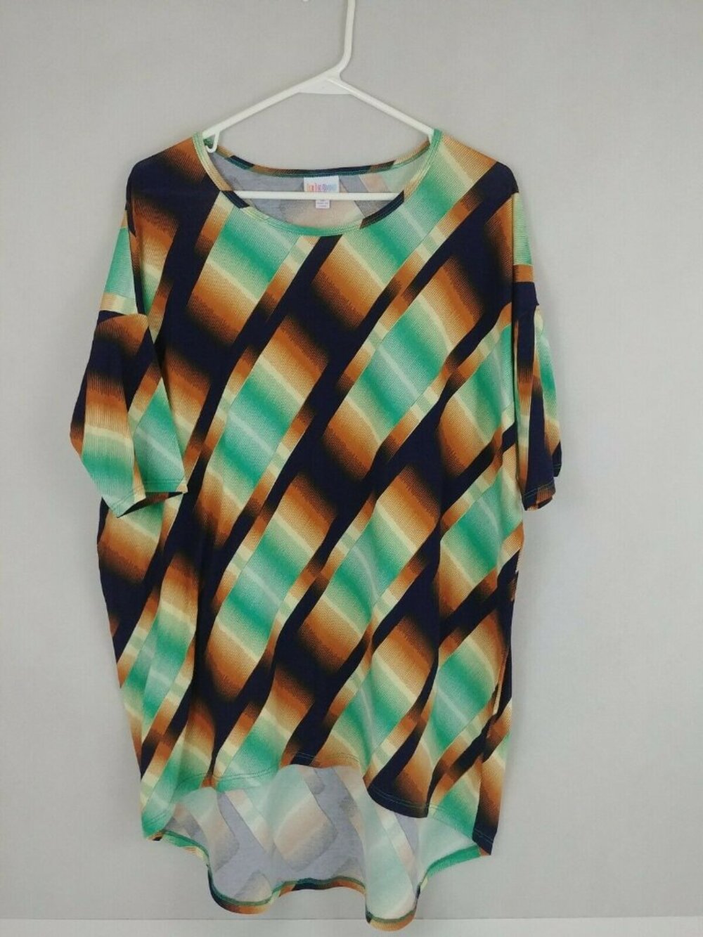 LulaRoe Irma Tunic Black With Orange & Mint Green Designs Size Medium